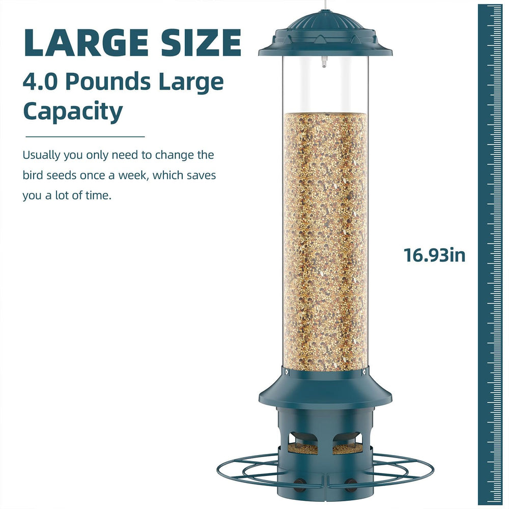 WeeFeetc feeder next to ruler showing 4.0 lb capacity, reduces refill frequency