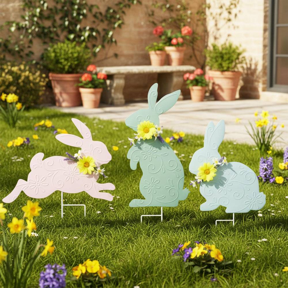 Weibefee rabbit stakes placed in planter adding instant decorative charm