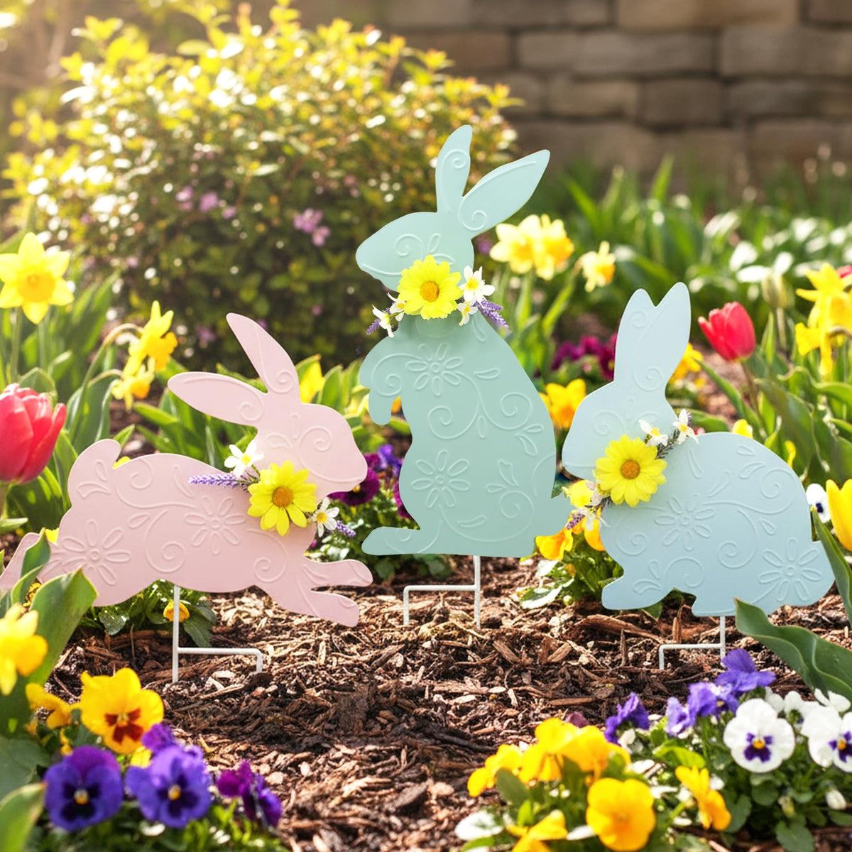 Weibefee front view of three spring rabbit stakes for cheerful yard appeal