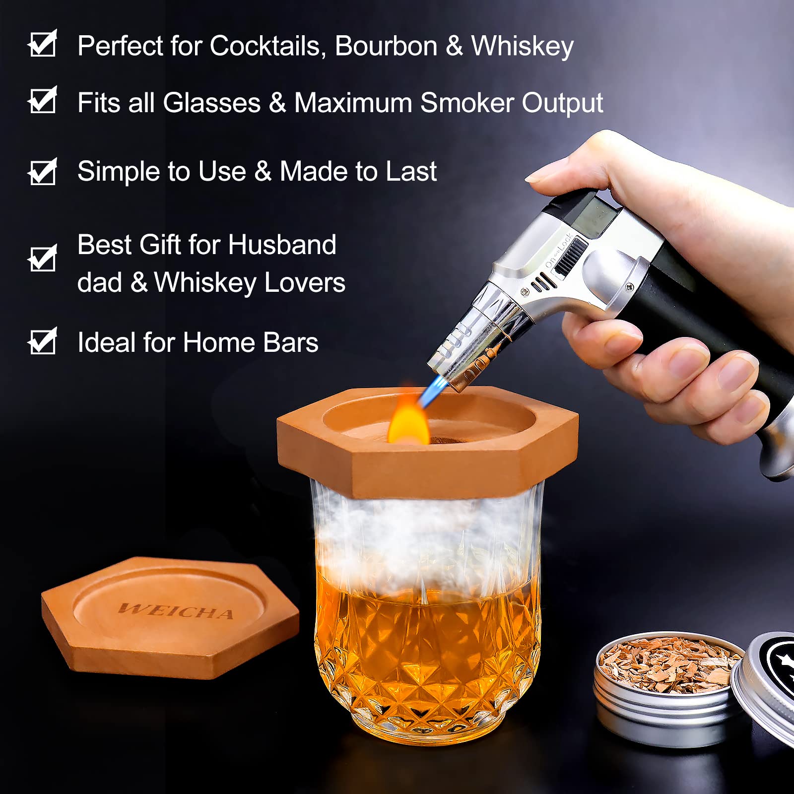 WEICHA smoky cocktail on bar with tools, creating bar-quality drinks at home