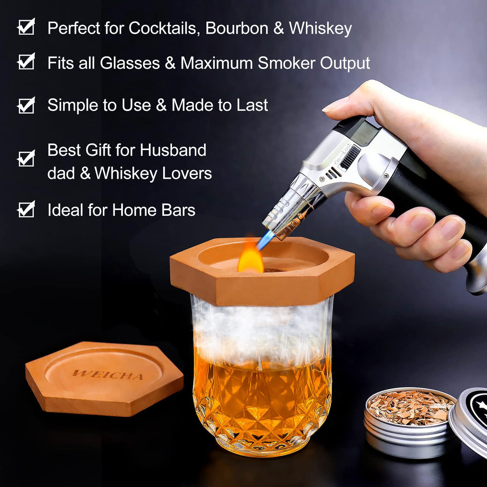 WEICHA smoky cocktail on bar with tools, creating bar-quality drinks at home
