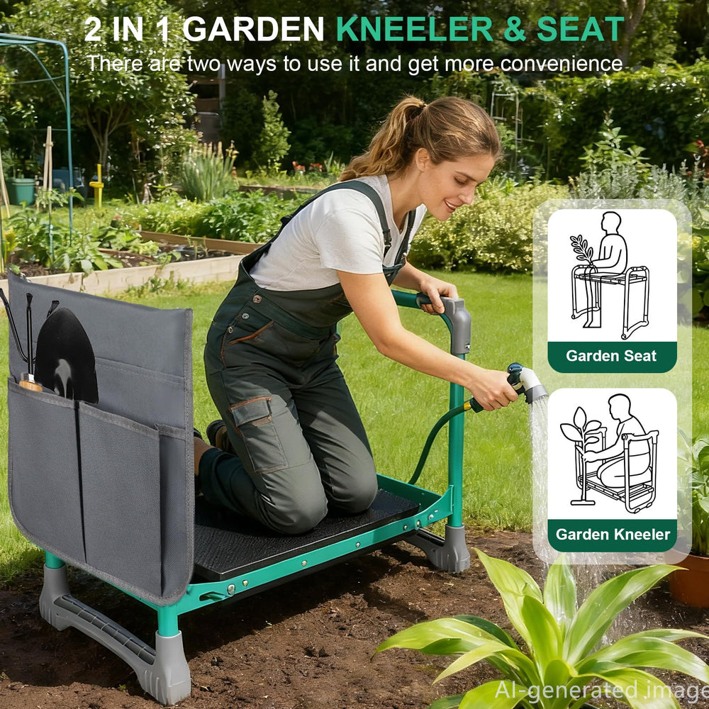 WEILISEN seat in use on patio showing supportive sitting during gardening tasks