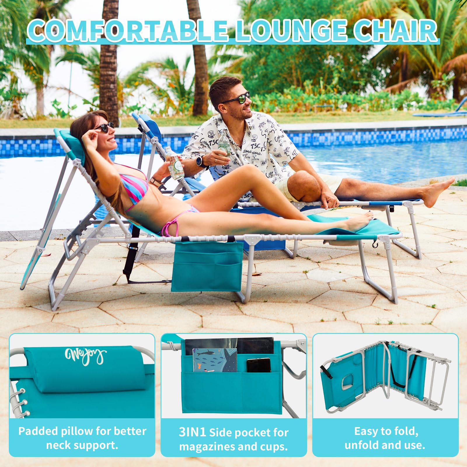#WEJOY lounge showing leg positions and five-angle backrest comfort