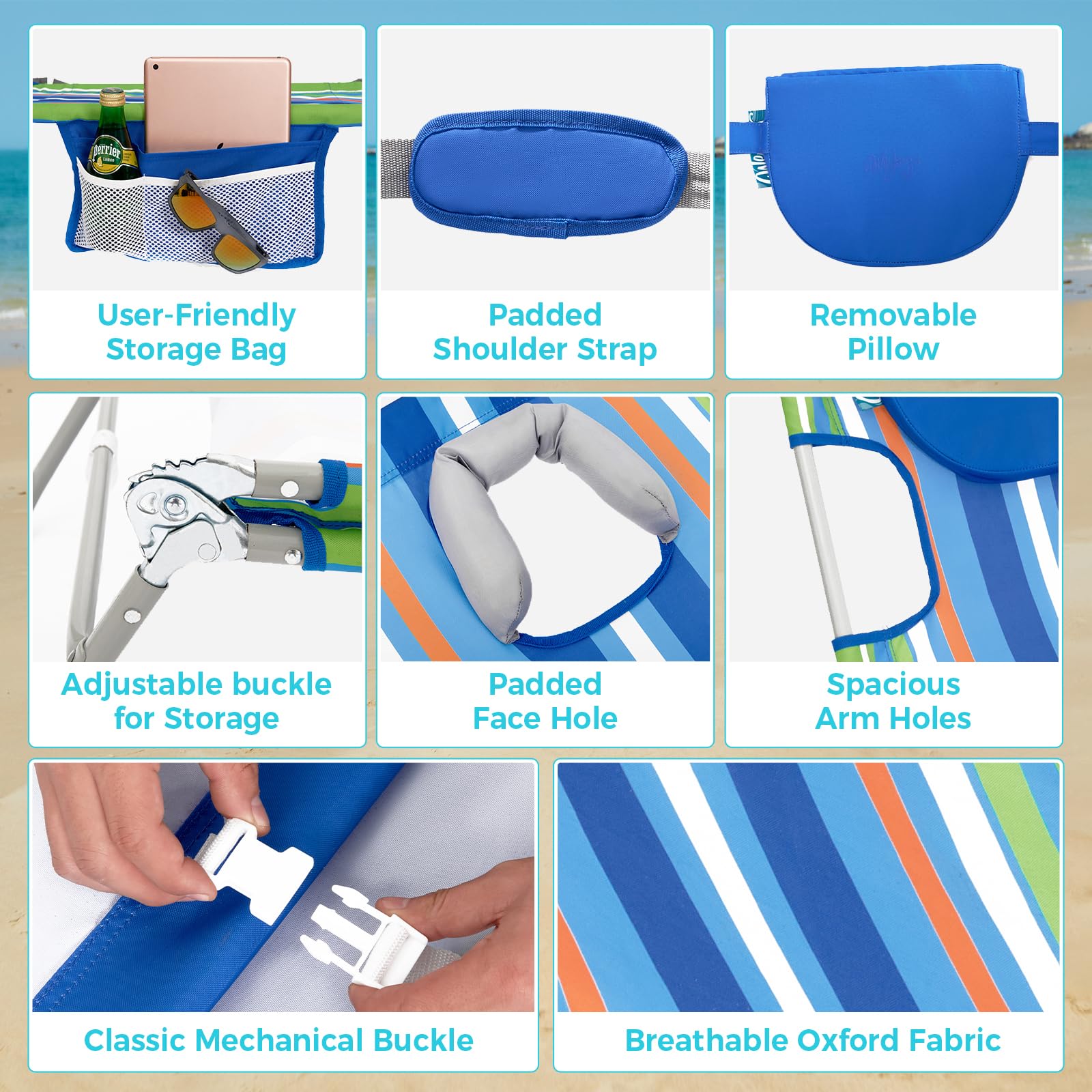 #WEJOY lounger on a beach demonstrating outdoor relaxation utility