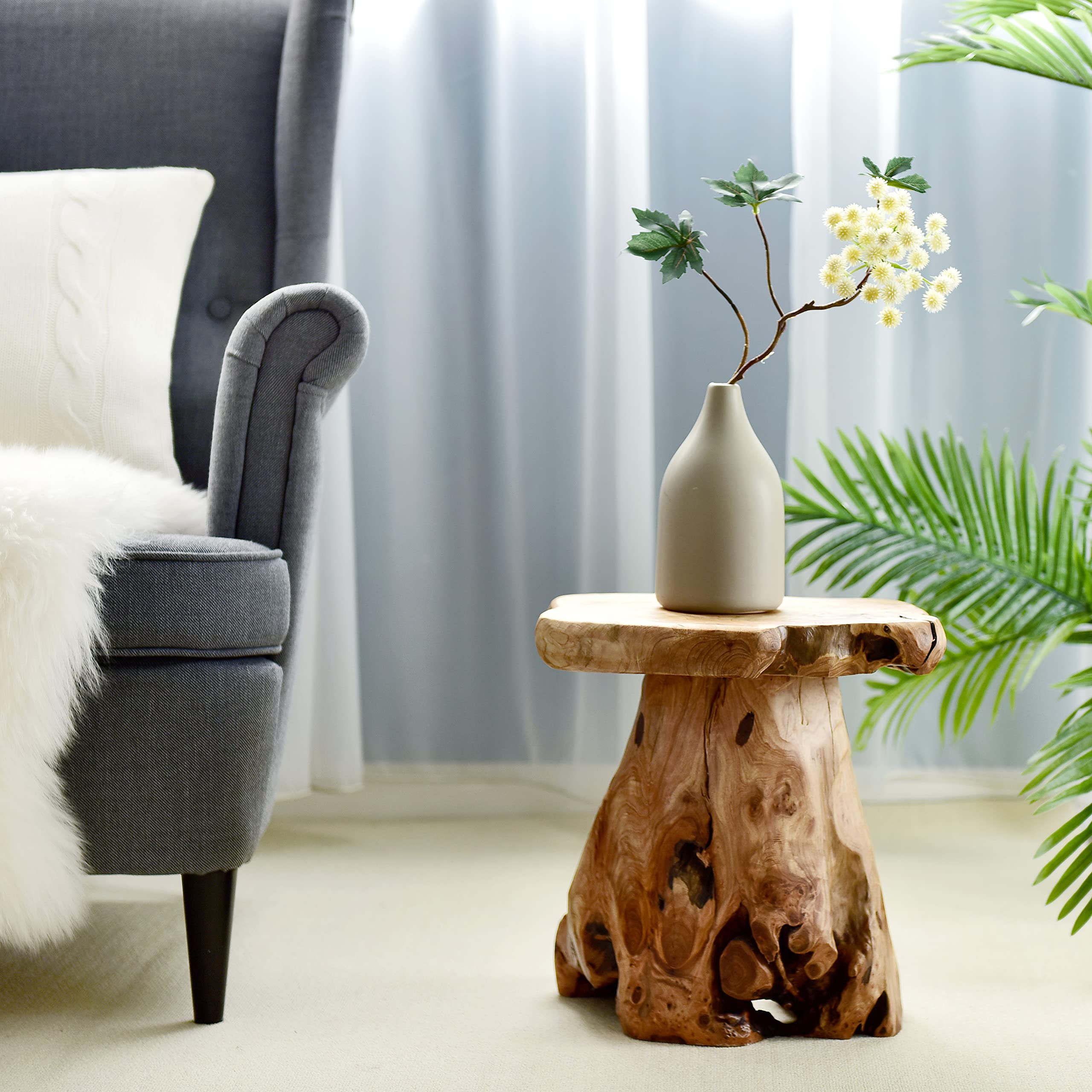 WELLAND mushroom stool in living room adding rustic accent and warmth