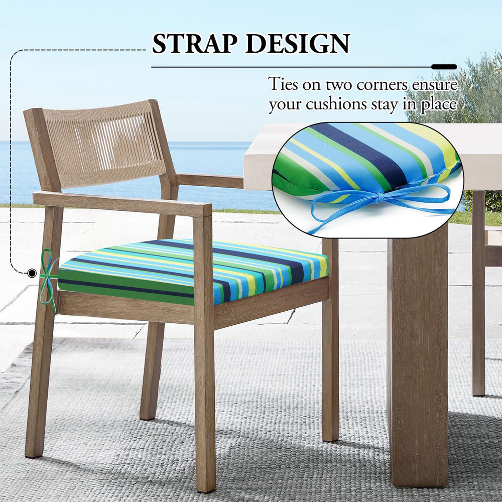 Wellsin set of six cushions arranged on patio chairs, creates coordinated comfortable seating