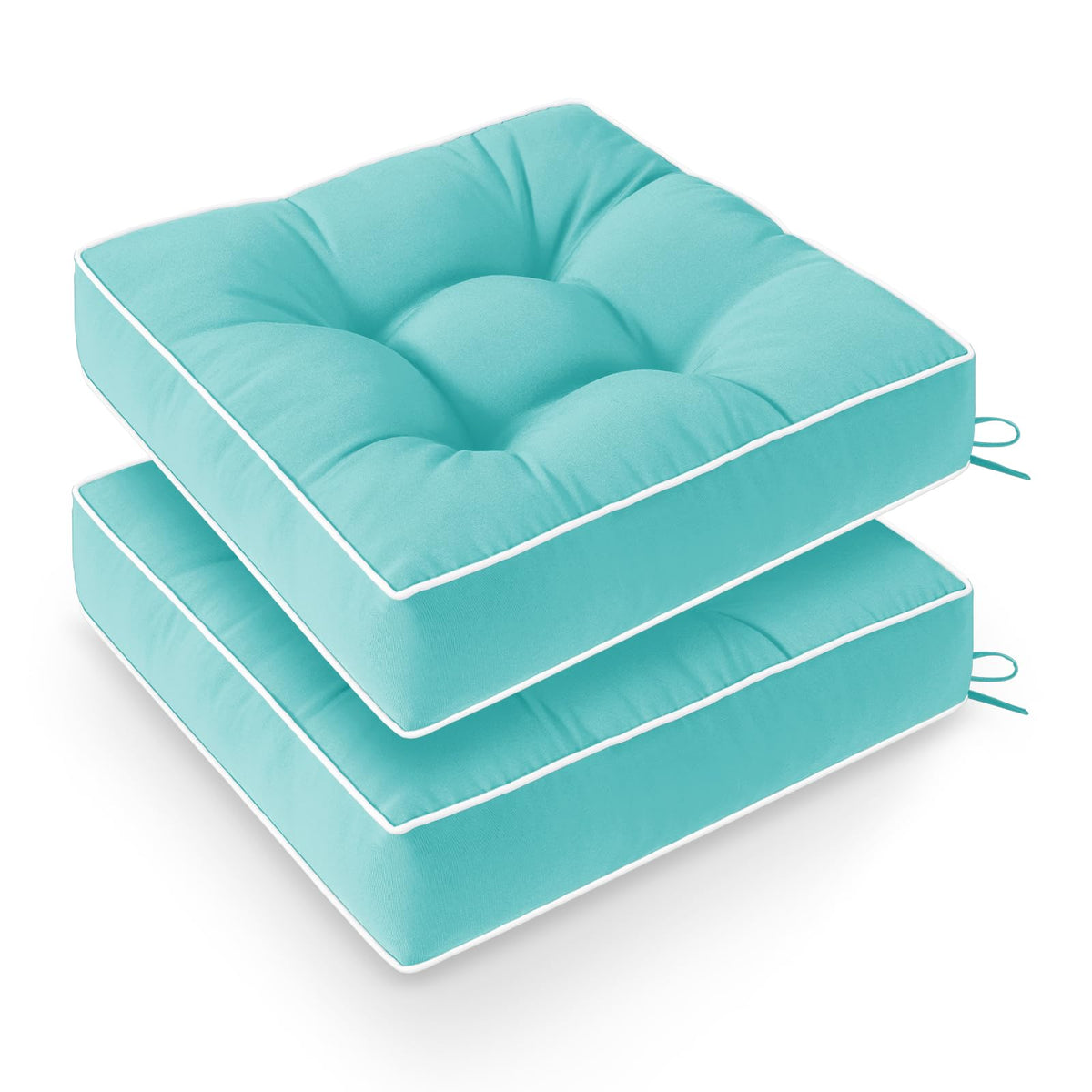 Wellsin front view of two teal cushions showing neat tufting and color retention