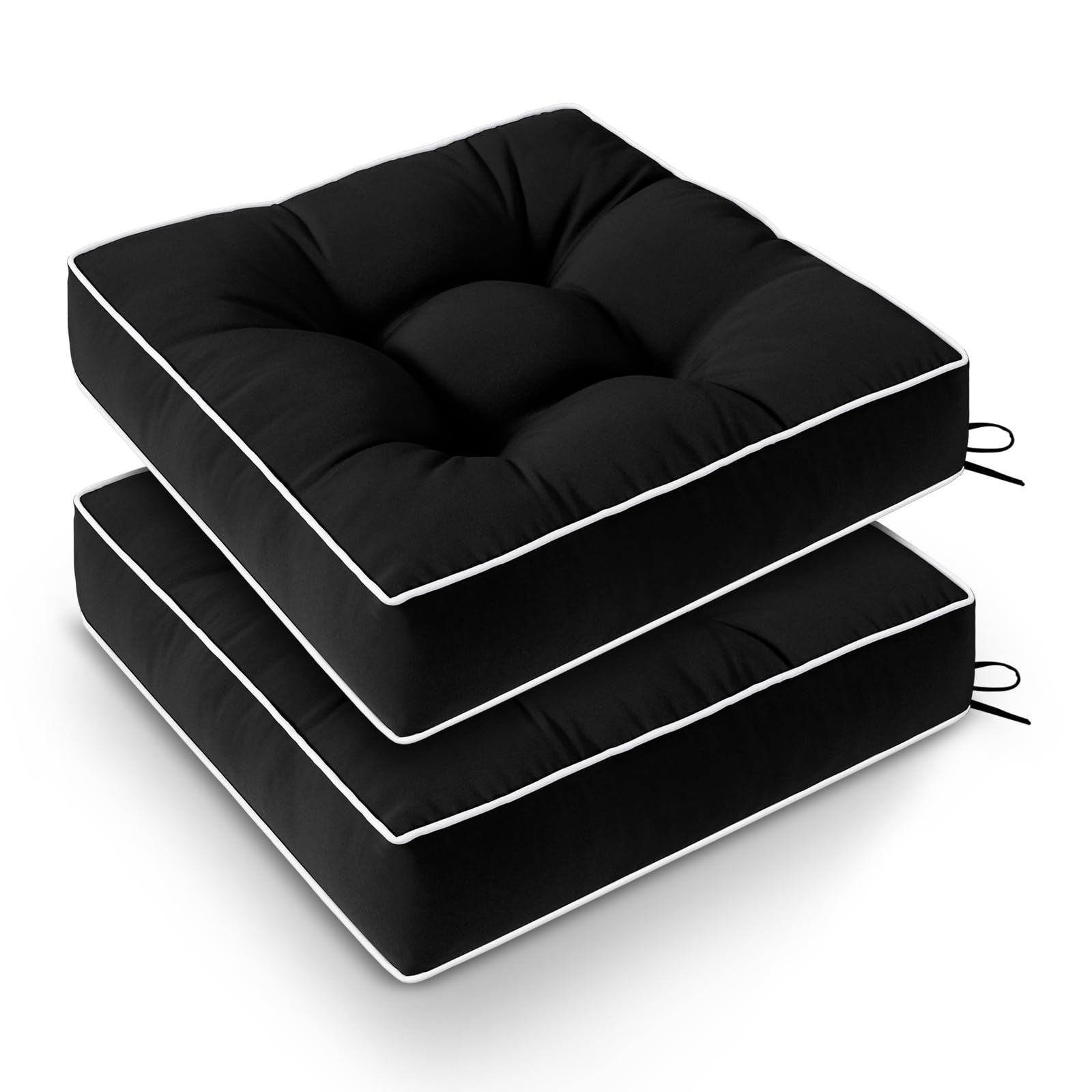 Wellsin front view of two black patio cushions showing neat tufting and full coverage comfort