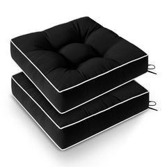 Wellsin front view of two black patio cushions showing neat tufting and full coverage comfort