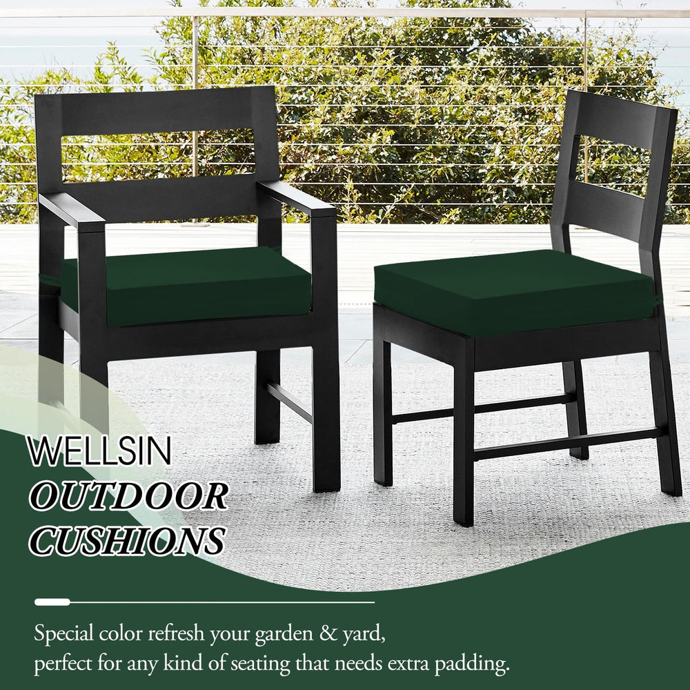 Wellsin on a garden patio set showing stylish forest green cushions improving outdoor comfort