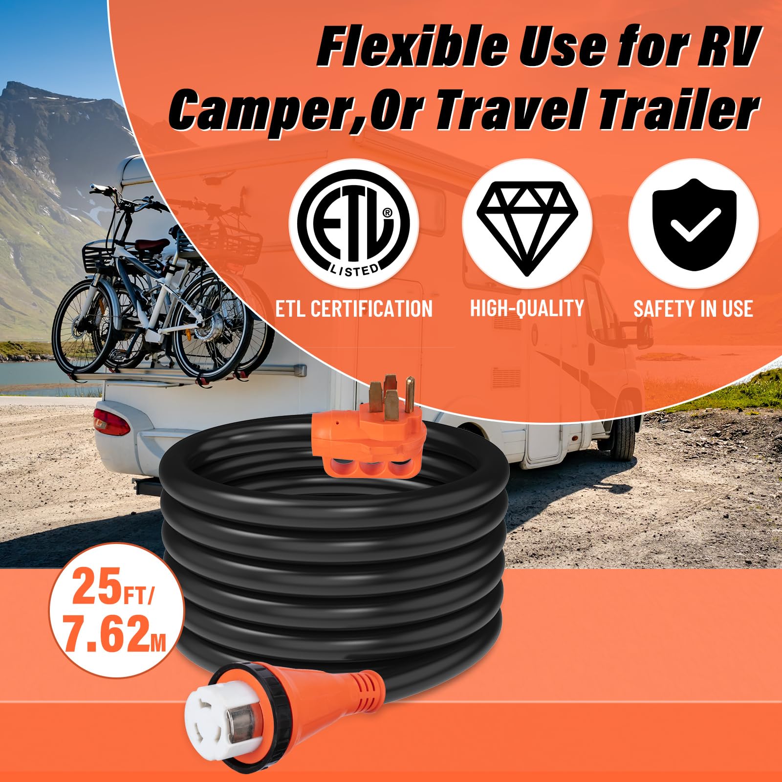 WELLUCK full 25ft power cord laid flat showing heavy-duty build and easy deployment benefits
