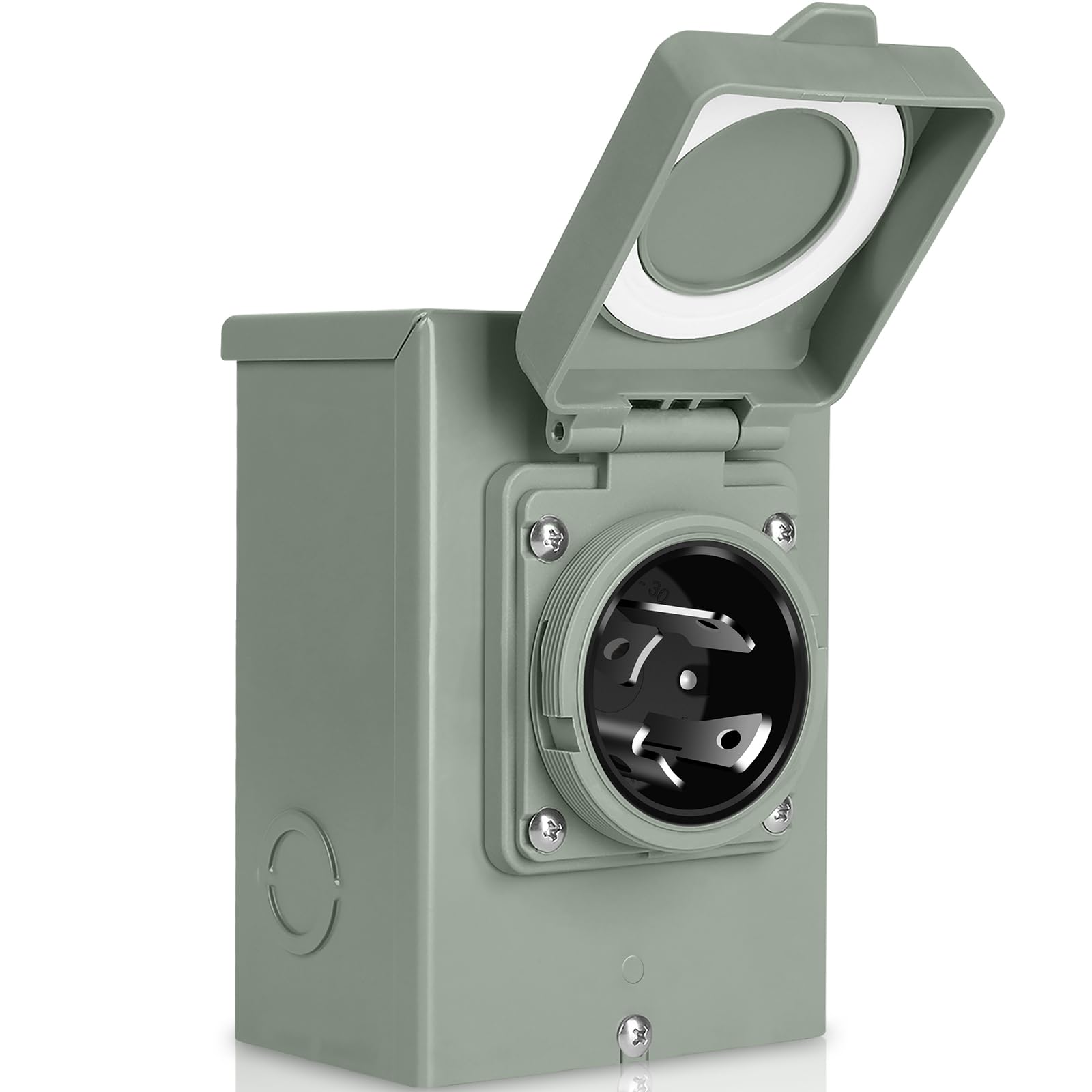 WELLUCK front faceplate inlet box showing secure cover and outlet, protects connections