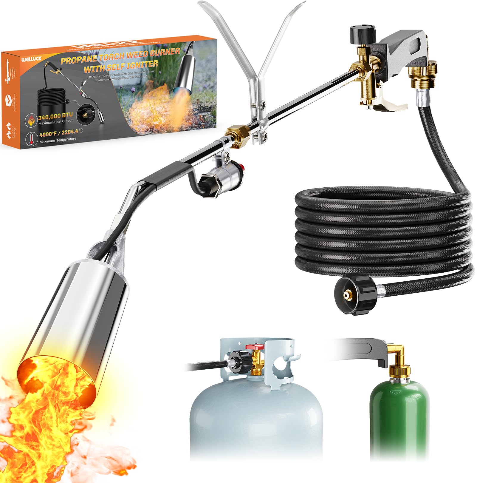 WELLUCK torch front view showing burner and handle for powerful outdoor heating