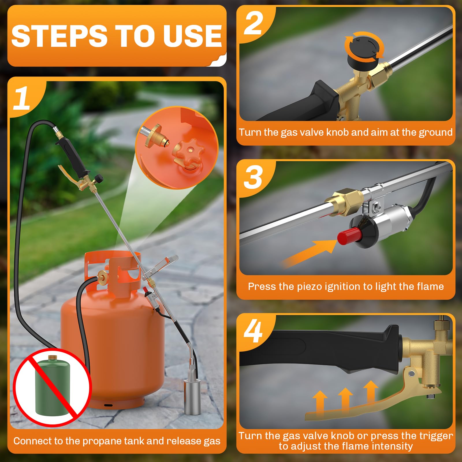 WELLUCK torch in use over weeds showing efficient flame for fast vegetation control