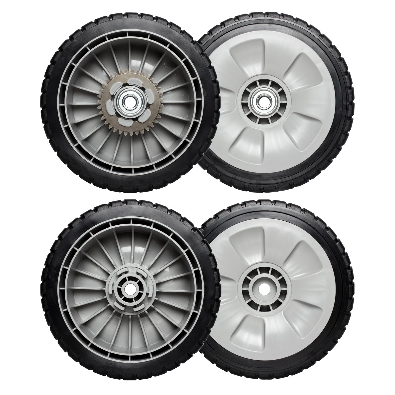 WELOVEHOME front and rear wheel set on lawnmower showing fit and restored mobility