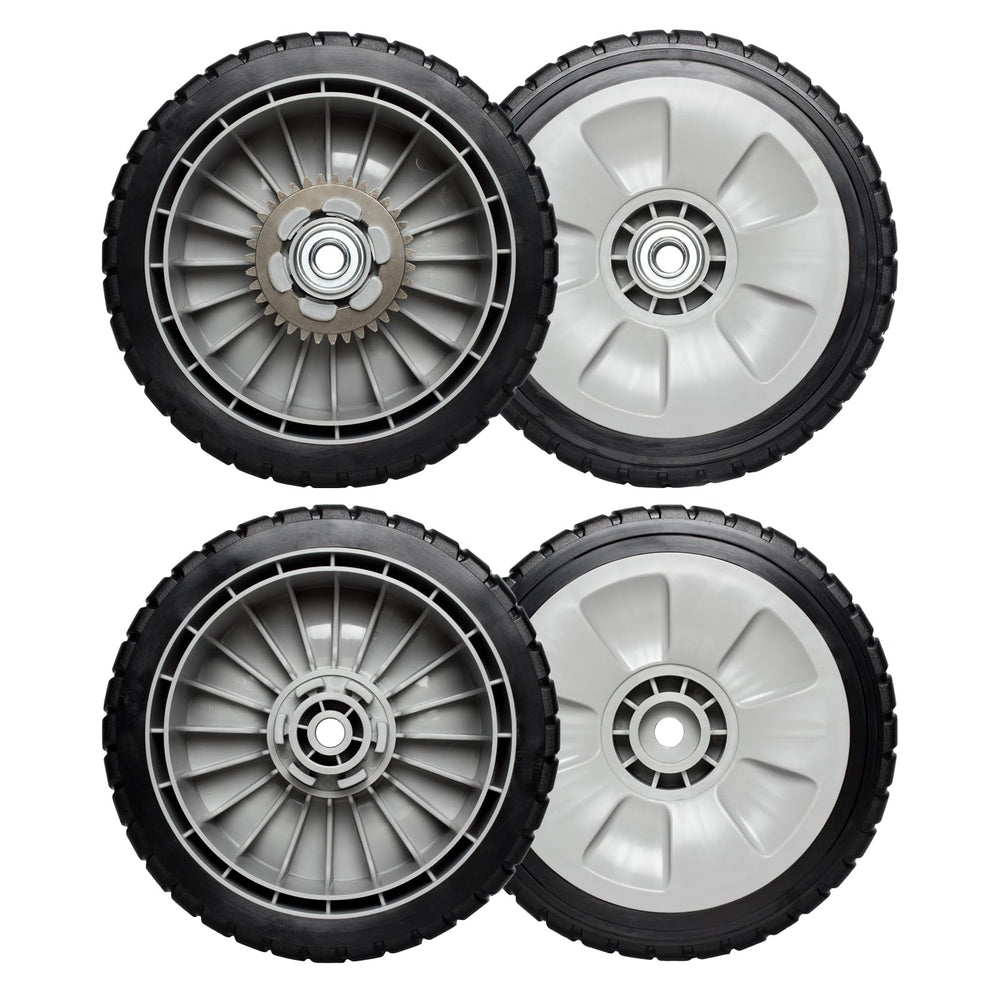 WELOVEHOME front and rear wheel set on lawnmower showing fit and restored mobility