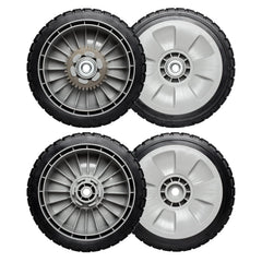 WELOVEHOME front and rear wheel set on lawnmower showing fit and restored mobility