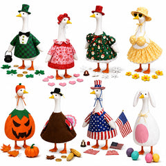 WeLyruff front view of all eight seasonal goose outfits showing variety and curb appeal