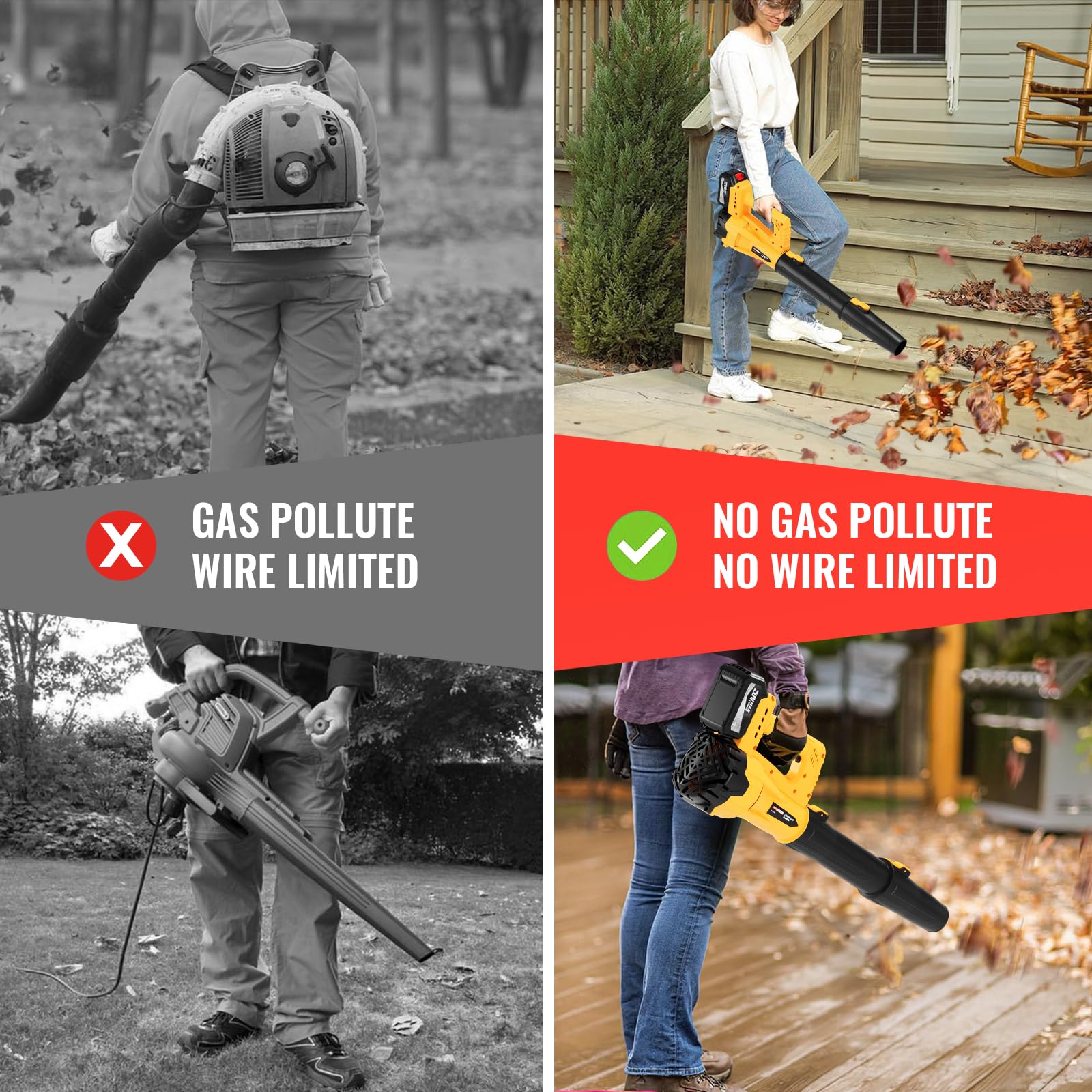 WEMARS blower cleaning a deck demonstrating quiet, cordless convenience