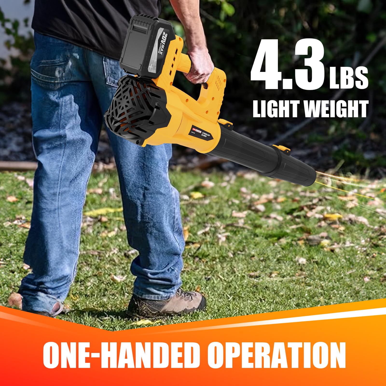 WEMARS blower beside a scale illustrating five-pound lightweight advantage
