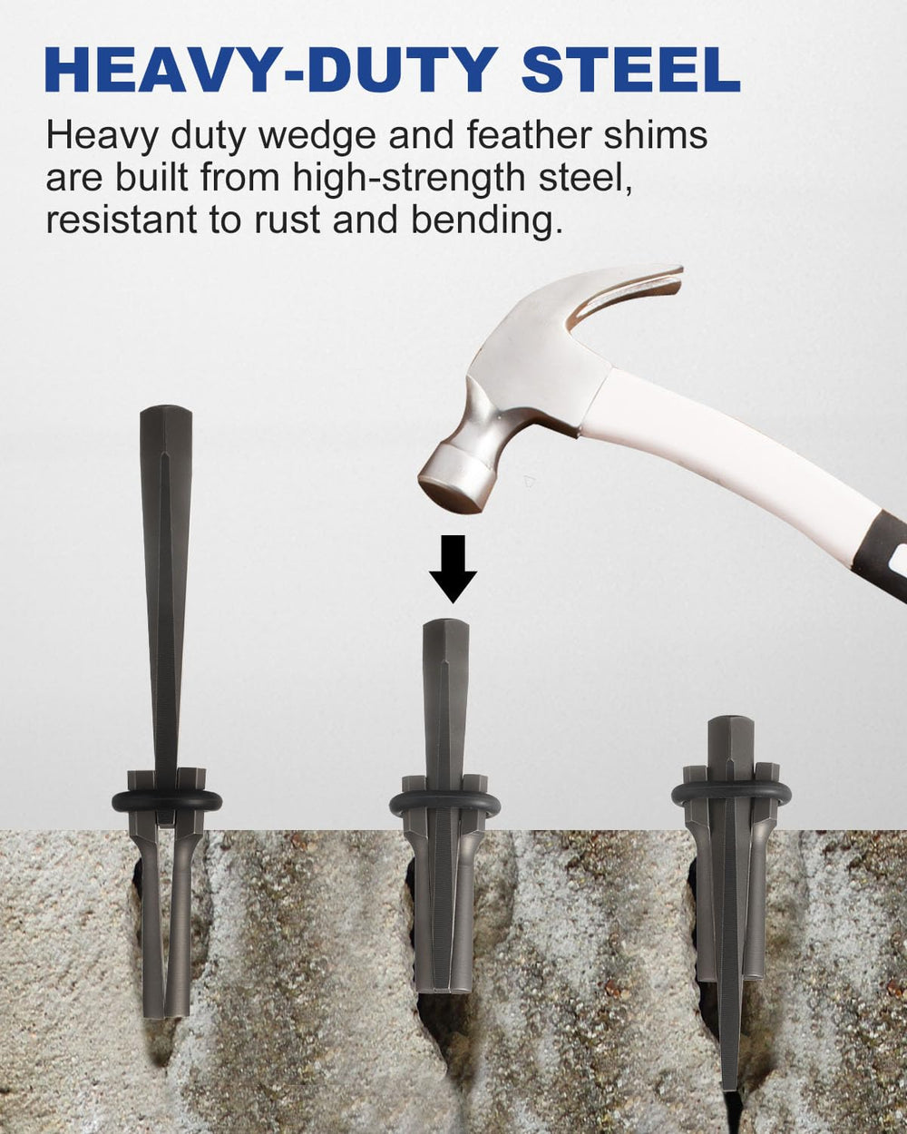 WENHUALI feather and wedge seated in drilled hole demonstrating correct placement and controlled splitting