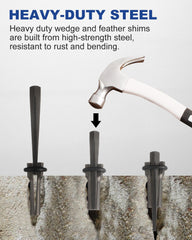 WENHUALI wedge and feather inserted in drilled rock, demonstrating controlled splitting