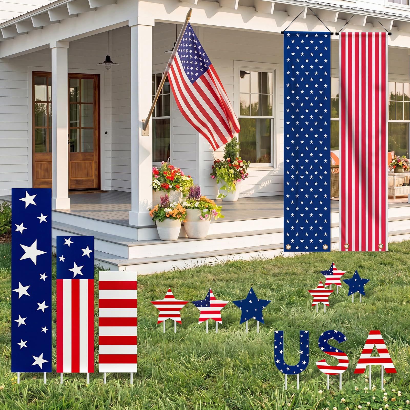 Wenqik paired 16 ft door banners framing an entry with patriotism
