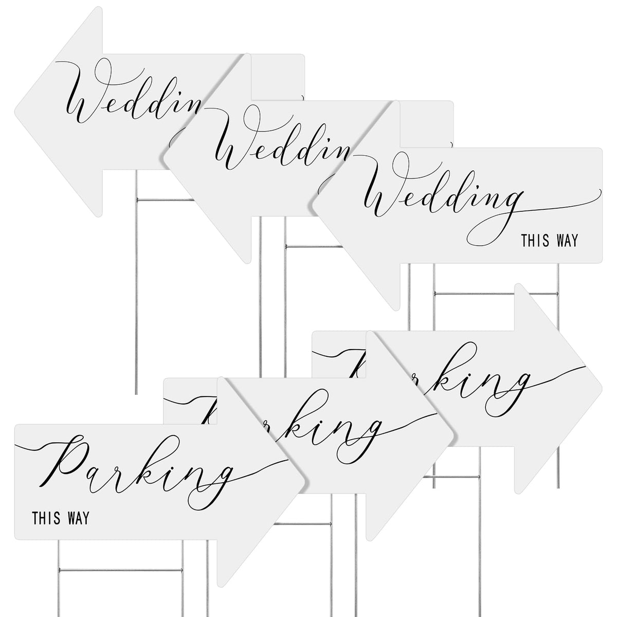 Wenqik front view of six white arrow signs showing cohesive wedding styling and clear guidance
