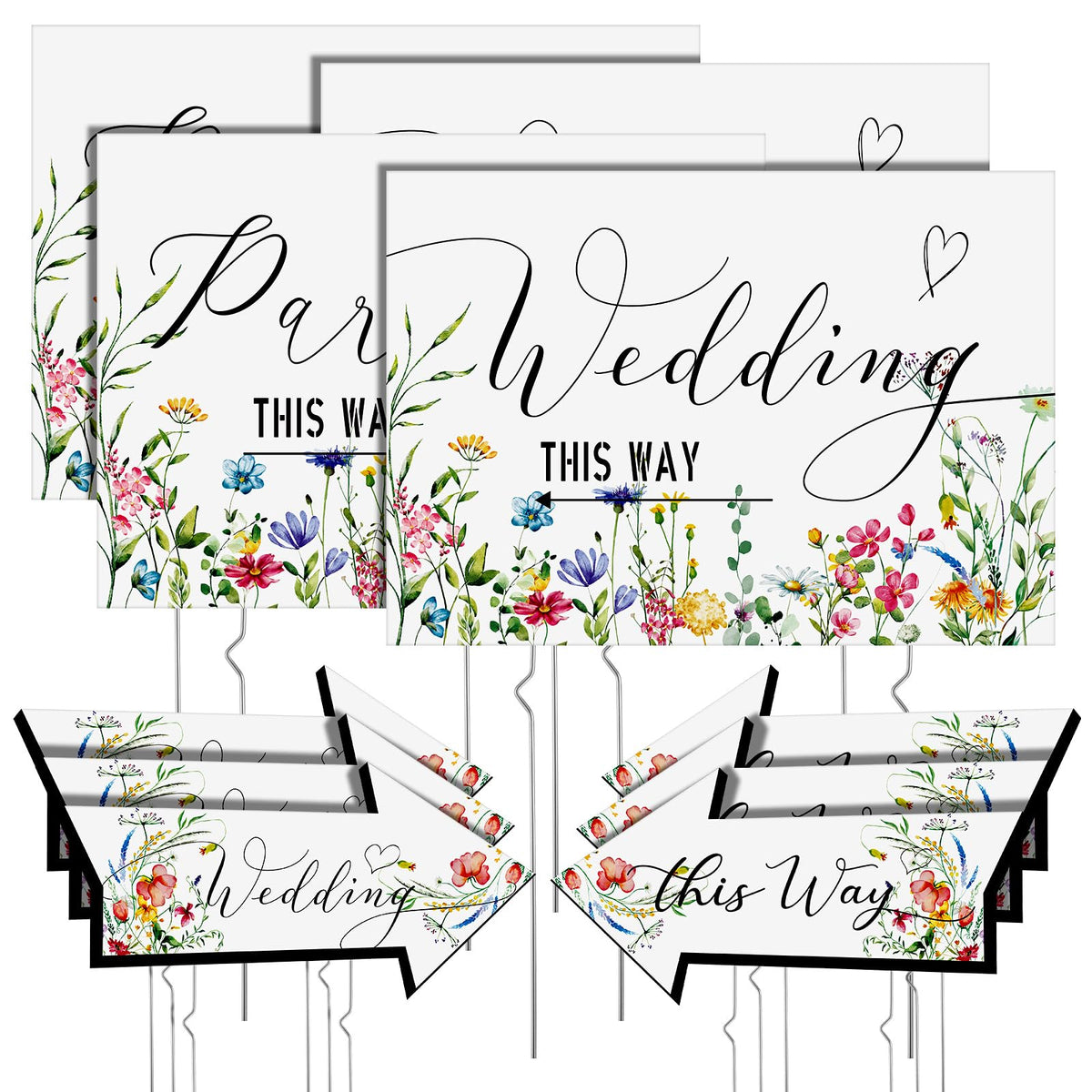 Wenqik front view of full 10-piece set showing coordinated wildflower design and stakes