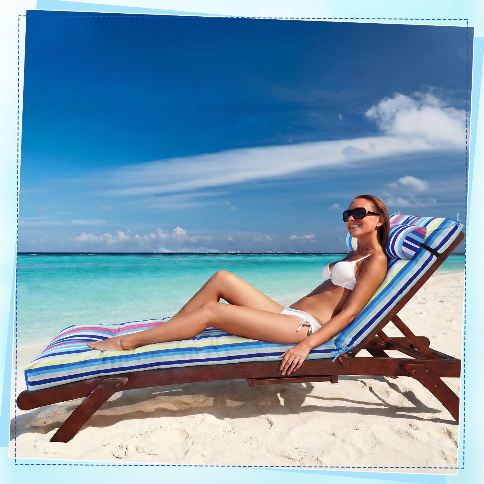 Wenqik poolside lifestyle scene with cushion in use showing comfortable relaxation