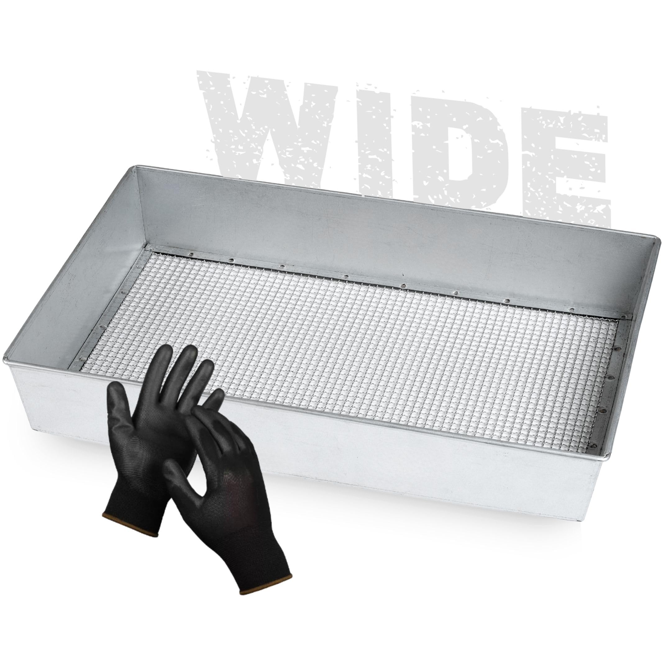 Wenses front view of wide galvanized soil sifter, sturdy and ready