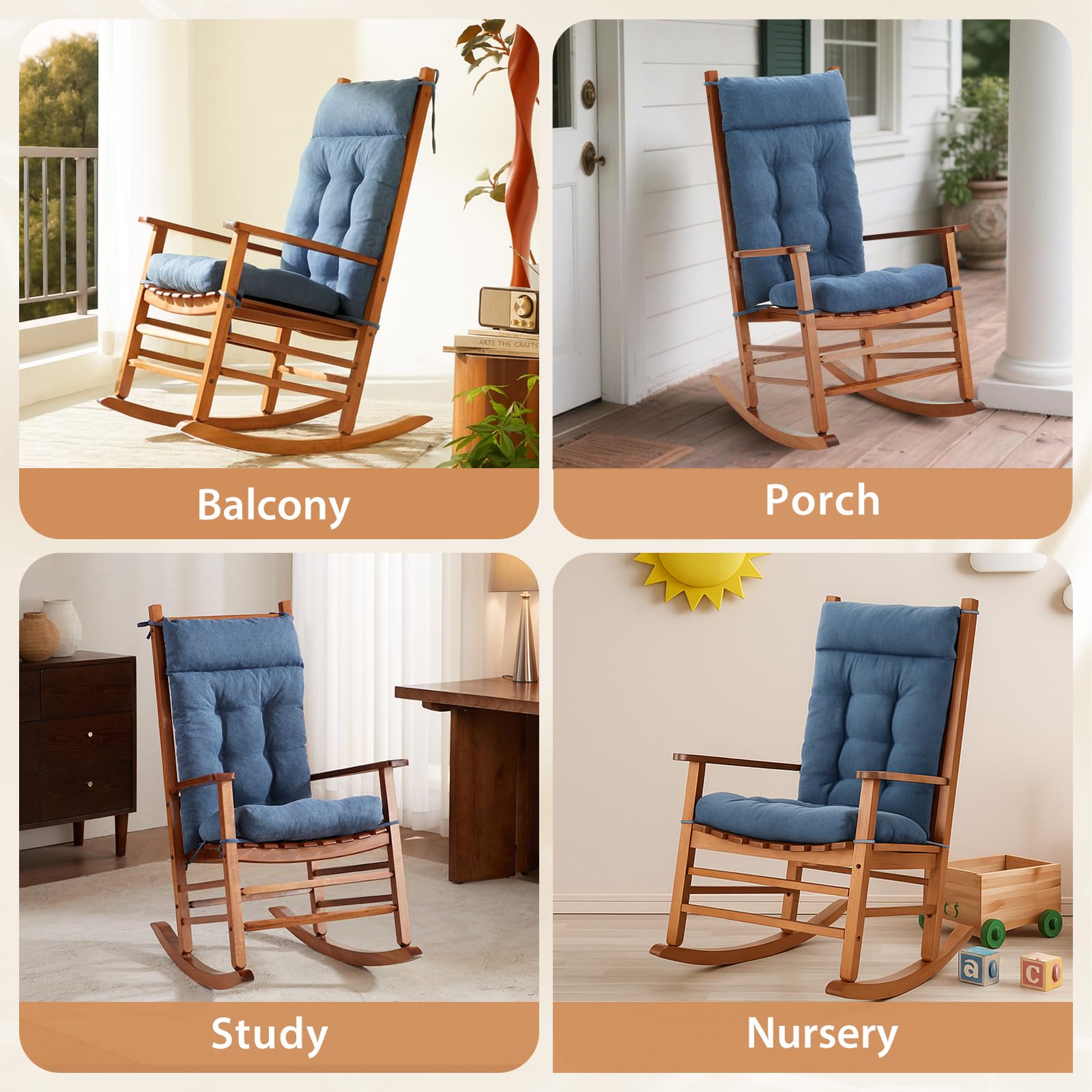 WEOAVRY cushions on porch rocker showing cozy outdoor relaxation benefit