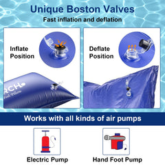 WERCHO pillow anchored in pool demonstrating reduced ice pressure and sloped cover