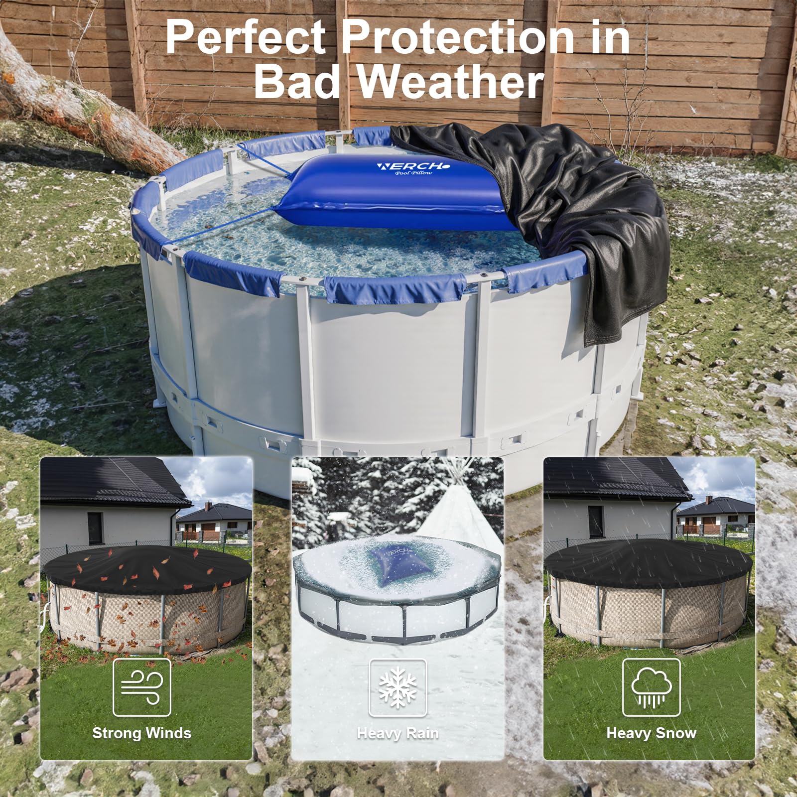 WERCHO lifestyle shot with snow-covered pool demonstrating winter protection