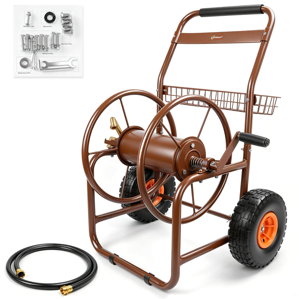 WERMAH front view of entire metal hose reel cart showing sturdy build and mobility