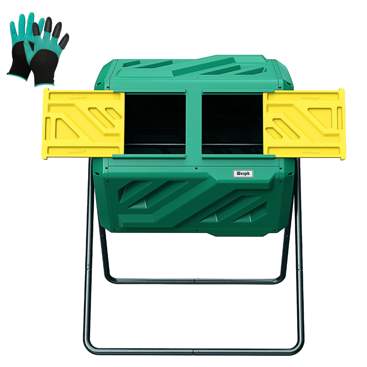 Werph front view of 43 gallon compost tumbler showing compact footprint and convenience