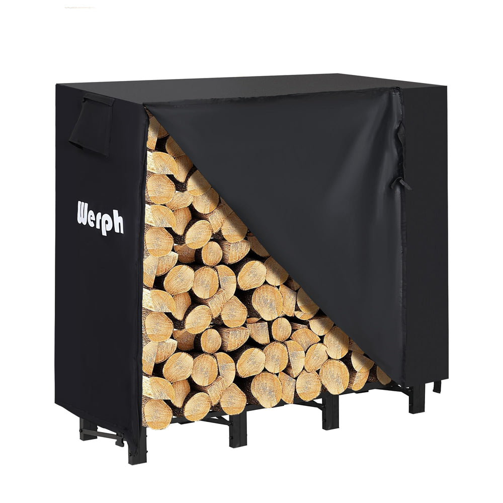 Werph 4ft rack front view showing neat stacked firewood and organized storage benefit