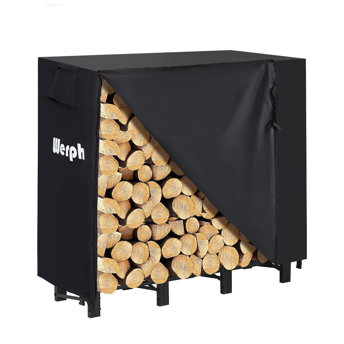 Werph 4ft rack front view showing neat stacked firewood and organized storage benefit