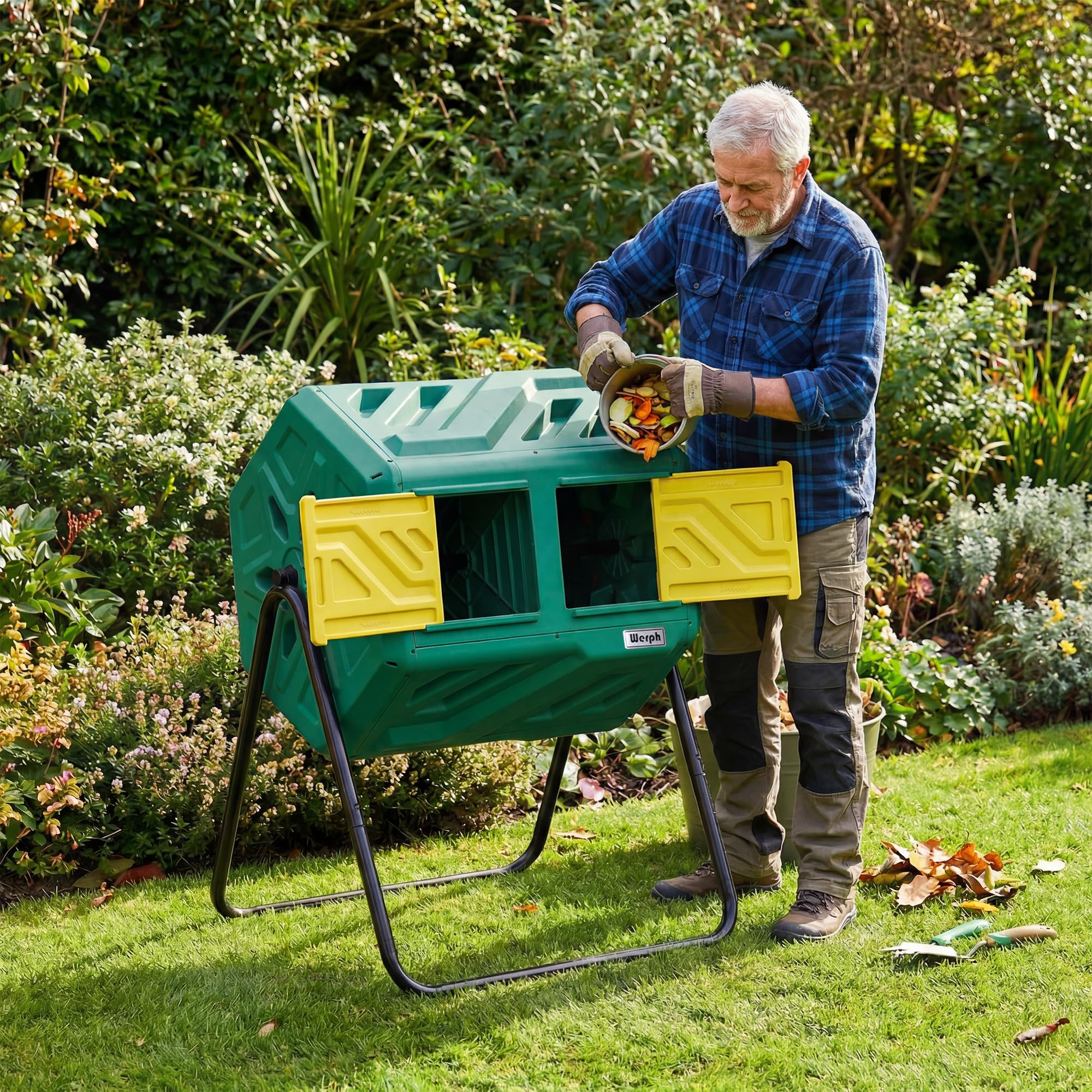 Werph installed in backyard garden demonstrating tidy composting and soil-building benefit