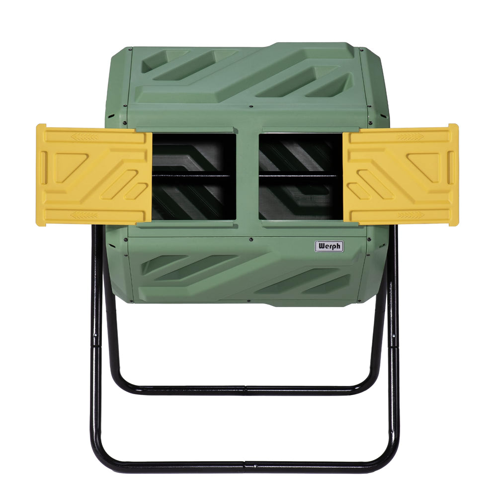 Werph composter front view showing grass green drum and sturdy frame for easy composting