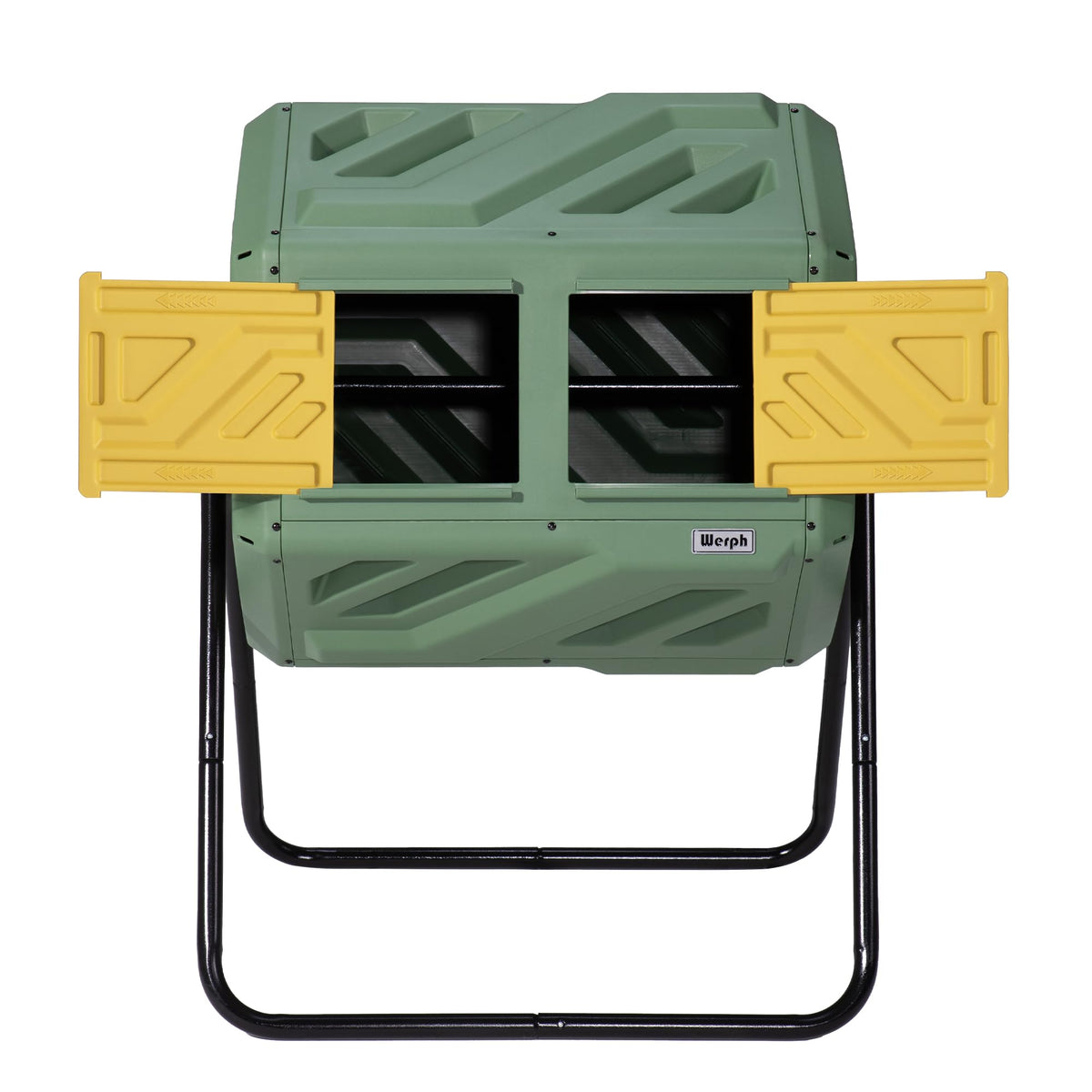 Werph composter front view showing grass green drum and sturdy frame for easy composting