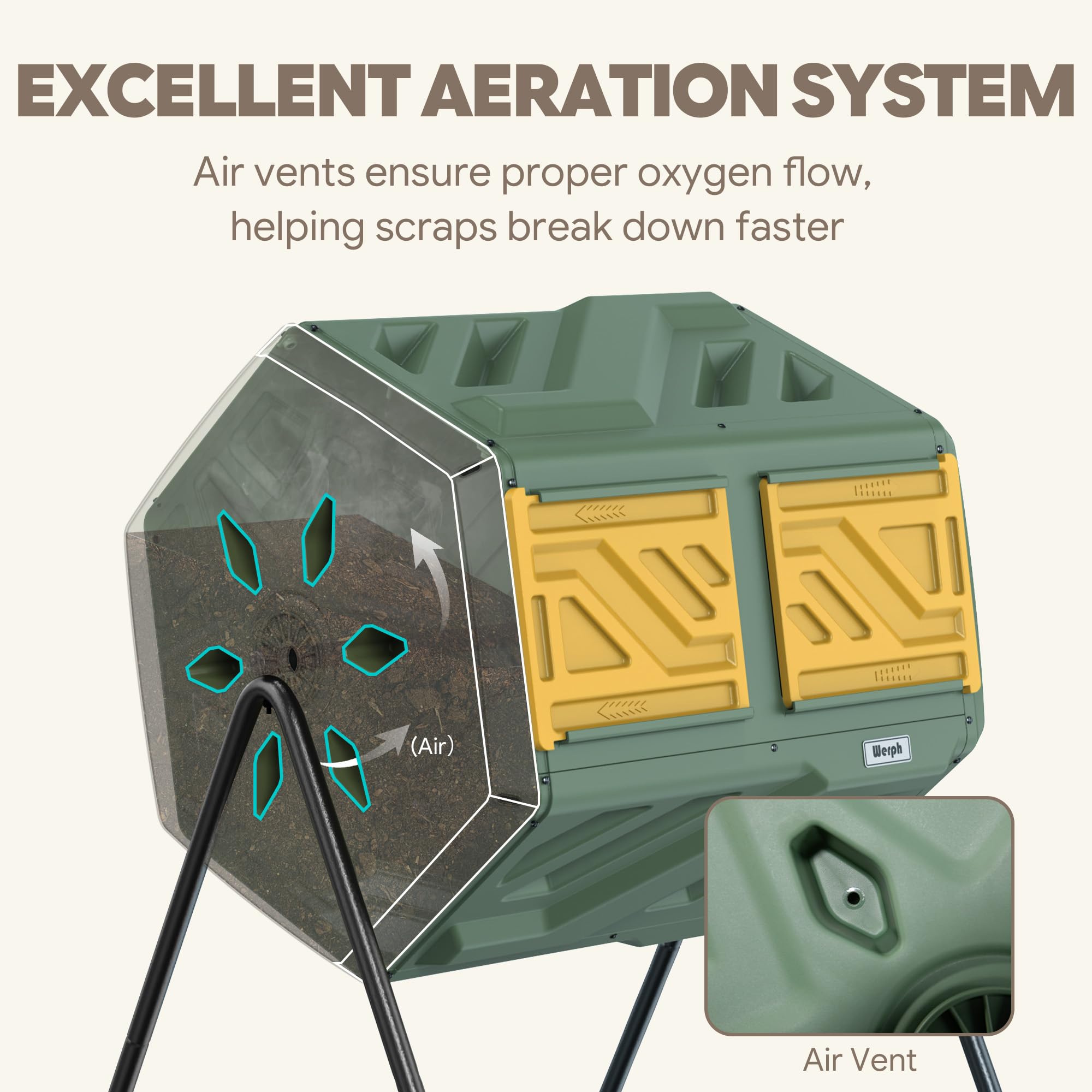 Werph composter placed in garden illustrating tidy waste recycling and landscape benefit