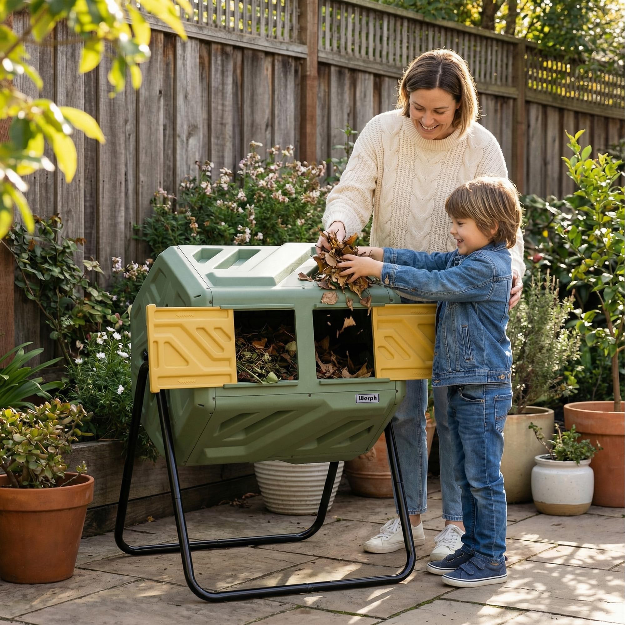 Werph composter access hatch and lid detail for simple loading and secure containment