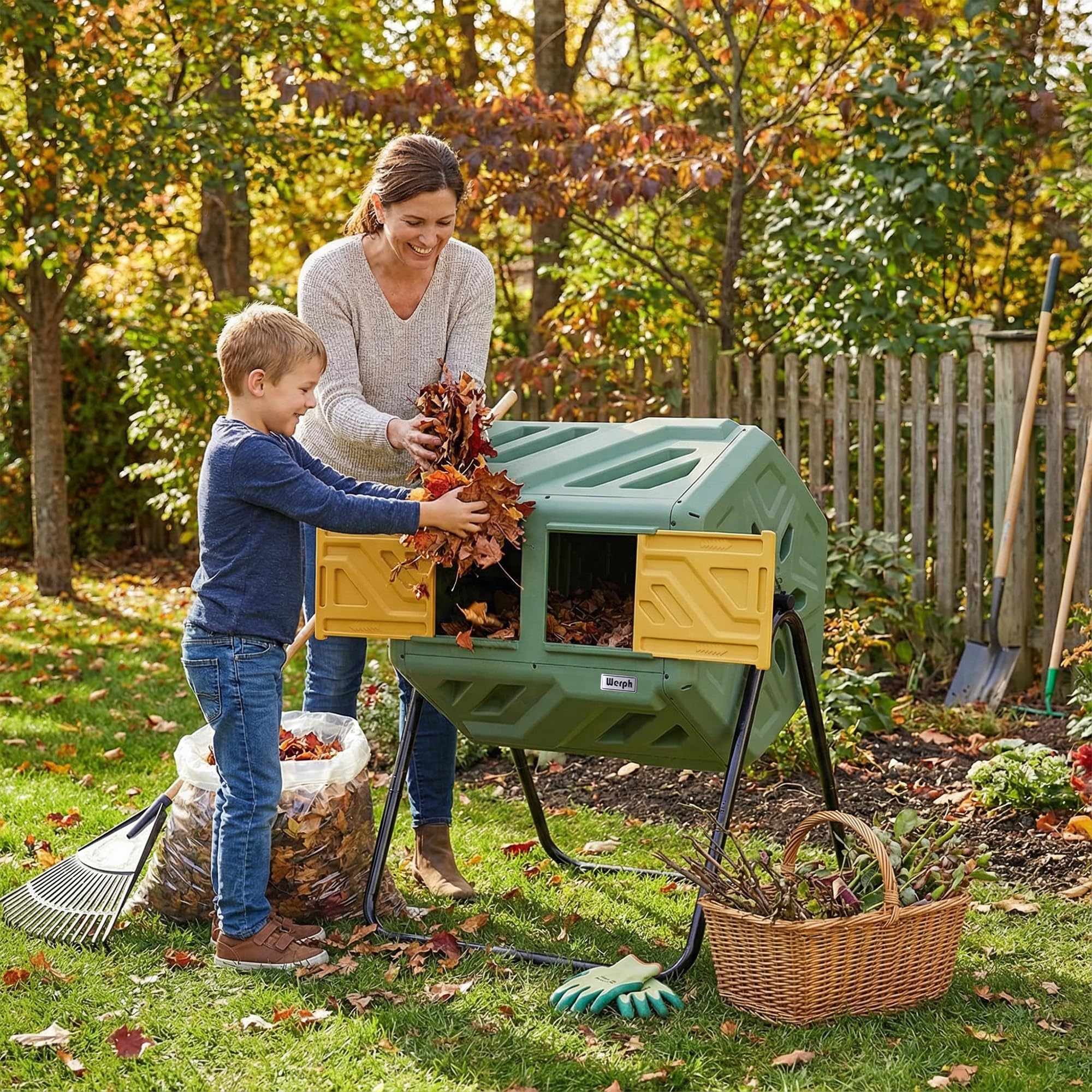 Werph composter next to a wheelbarrow for scale to show 43-gallon capacity usefulness
