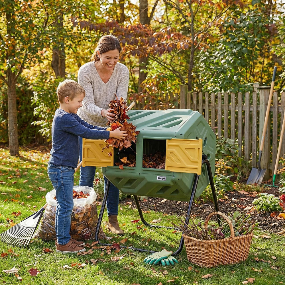 Werph composter next to a wheelbarrow for scale to show 43-gallon capacity usefulness