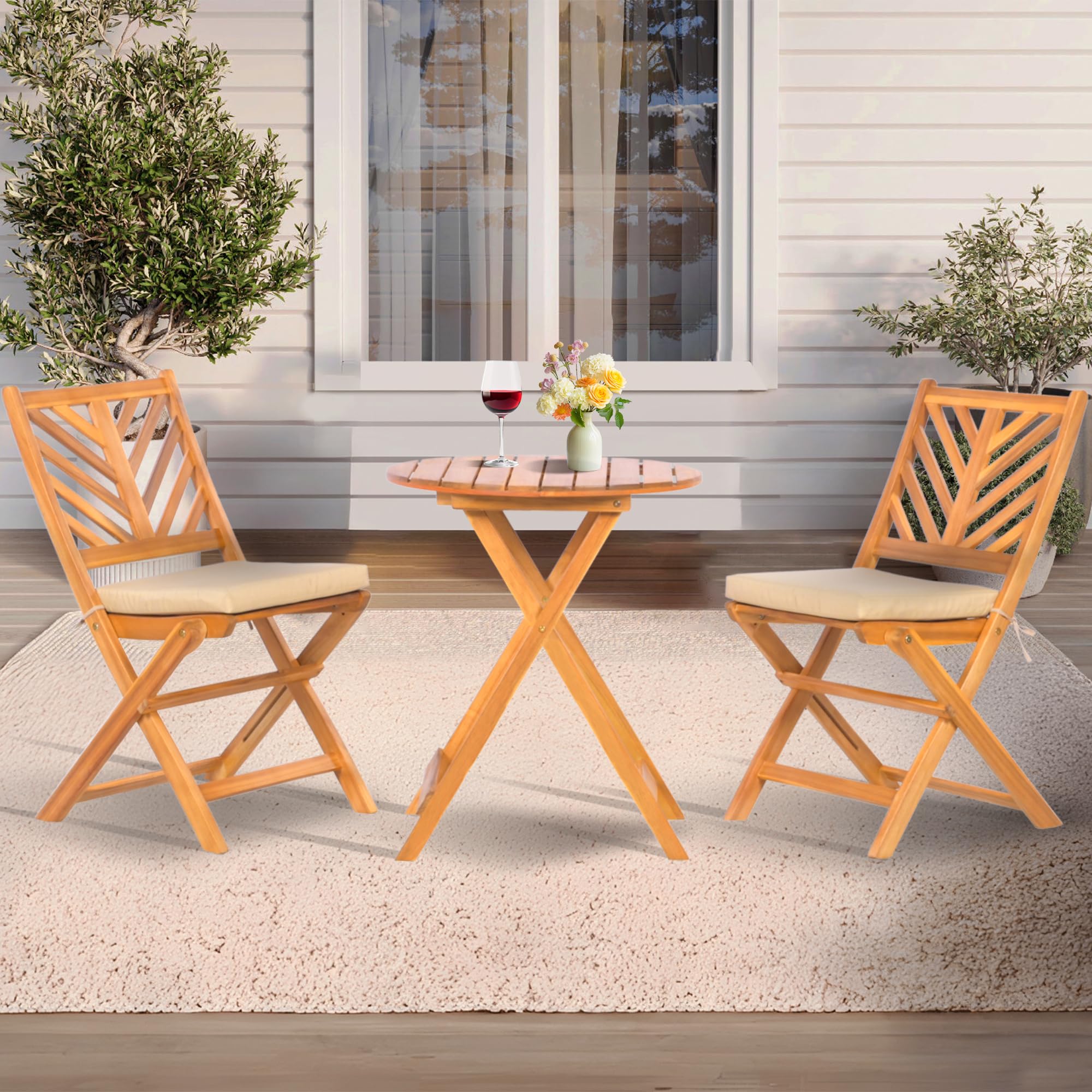 Werph front view of assembled 3-piece acacia bistro set showing elegance and durability