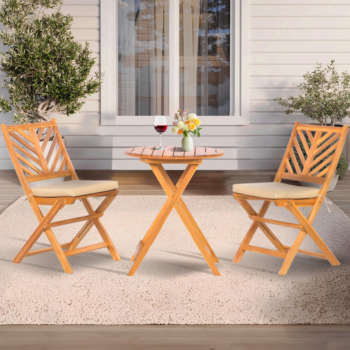 Werph front view of assembled 3-piece acacia bistro set showing elegance and durability