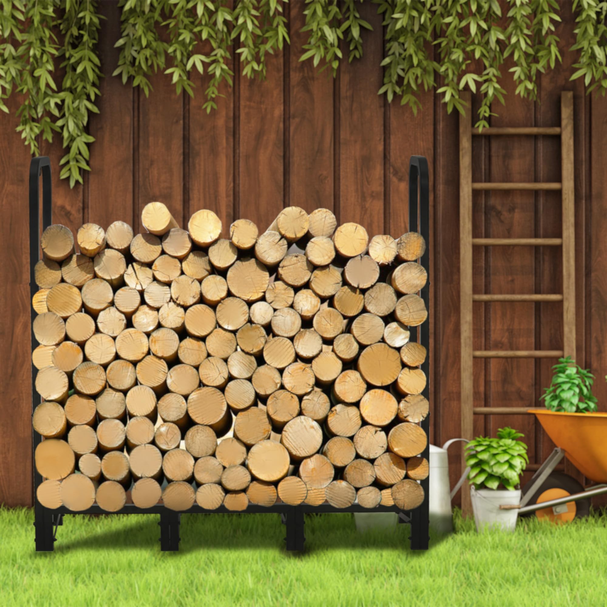 Werph rack in a backyard setting showing tidy storage and easy access for outdoor fires