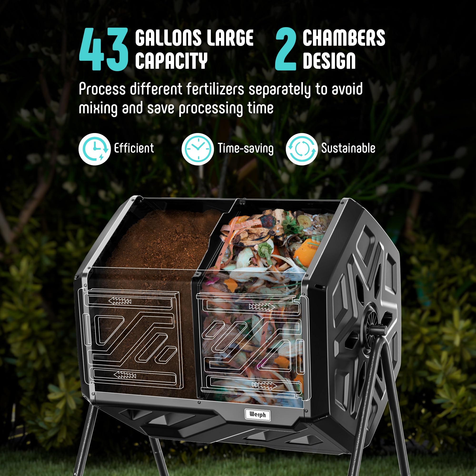 Werph beside backyard tools for scale showing 43 gallon capacity advantage