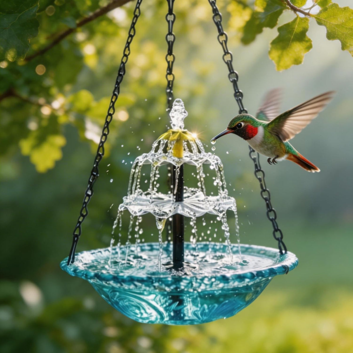 WesGen hanging bird bath front view showing clear basin and hanging hardware, enhances garden décor